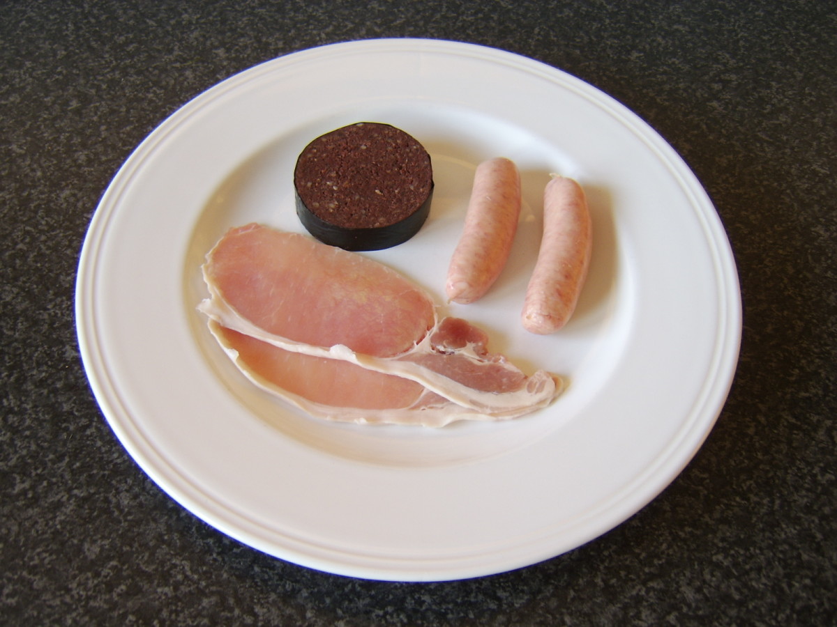 English bacon, pork sausages and black pudding form the meat element of the full English breakfast