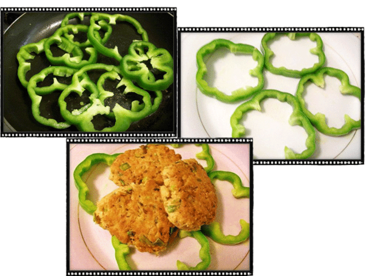 Arrange bell pepper rings on one or two plates. Crown them with tuna cakes. Serve with or without sauce.