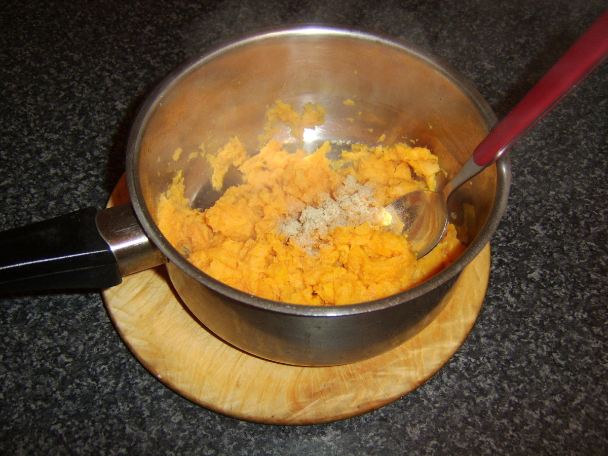 The sweet potato mash is seasoned with a grated garlic clove, pinch of ground cumin and white pepper
