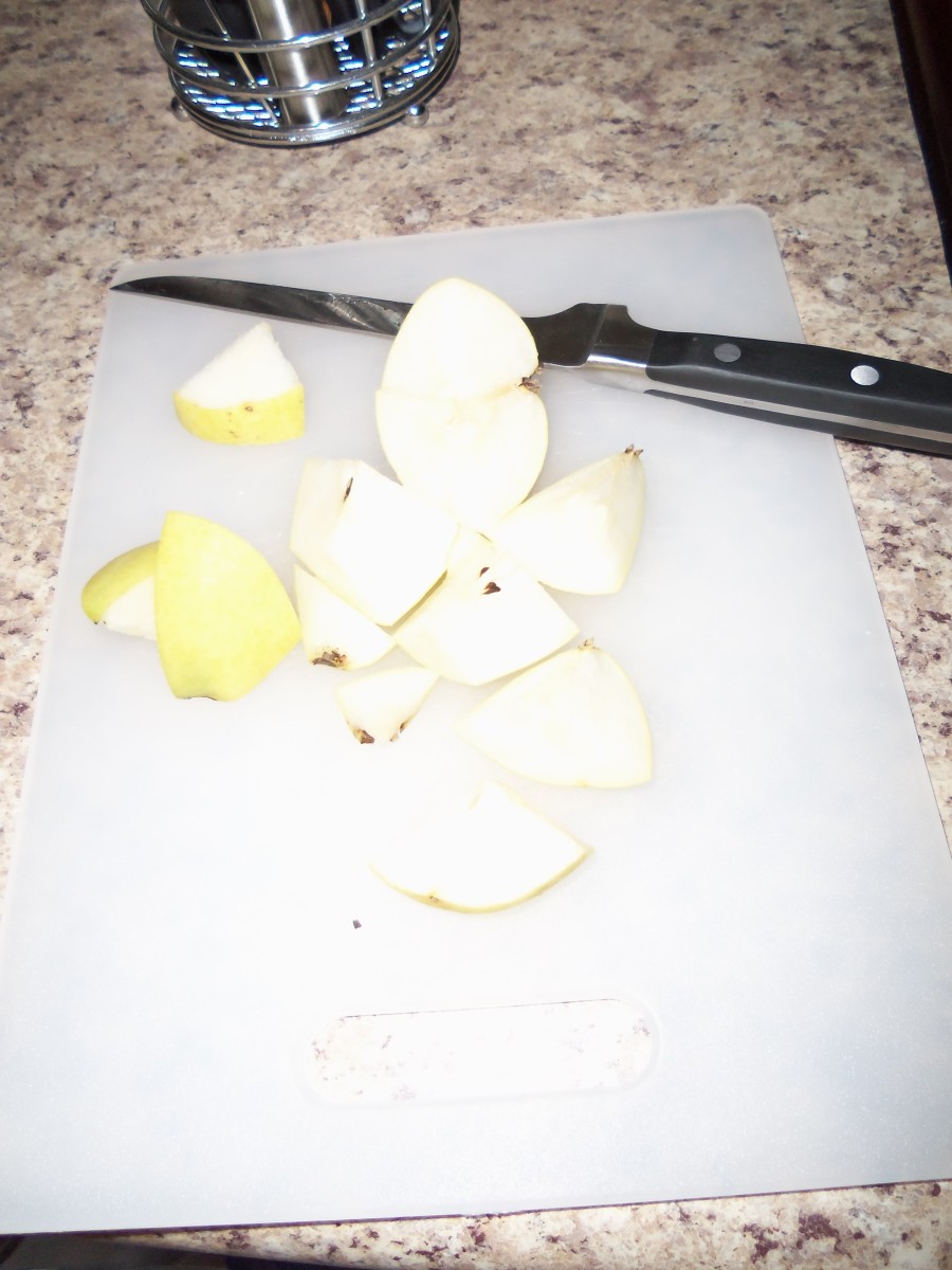 The first step is to cut up the pears.