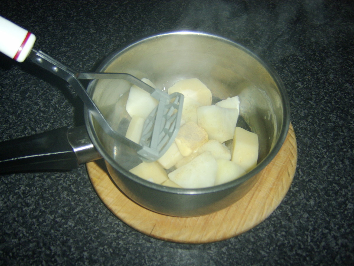 Potato and parsnip are mashed with butter and white pepper