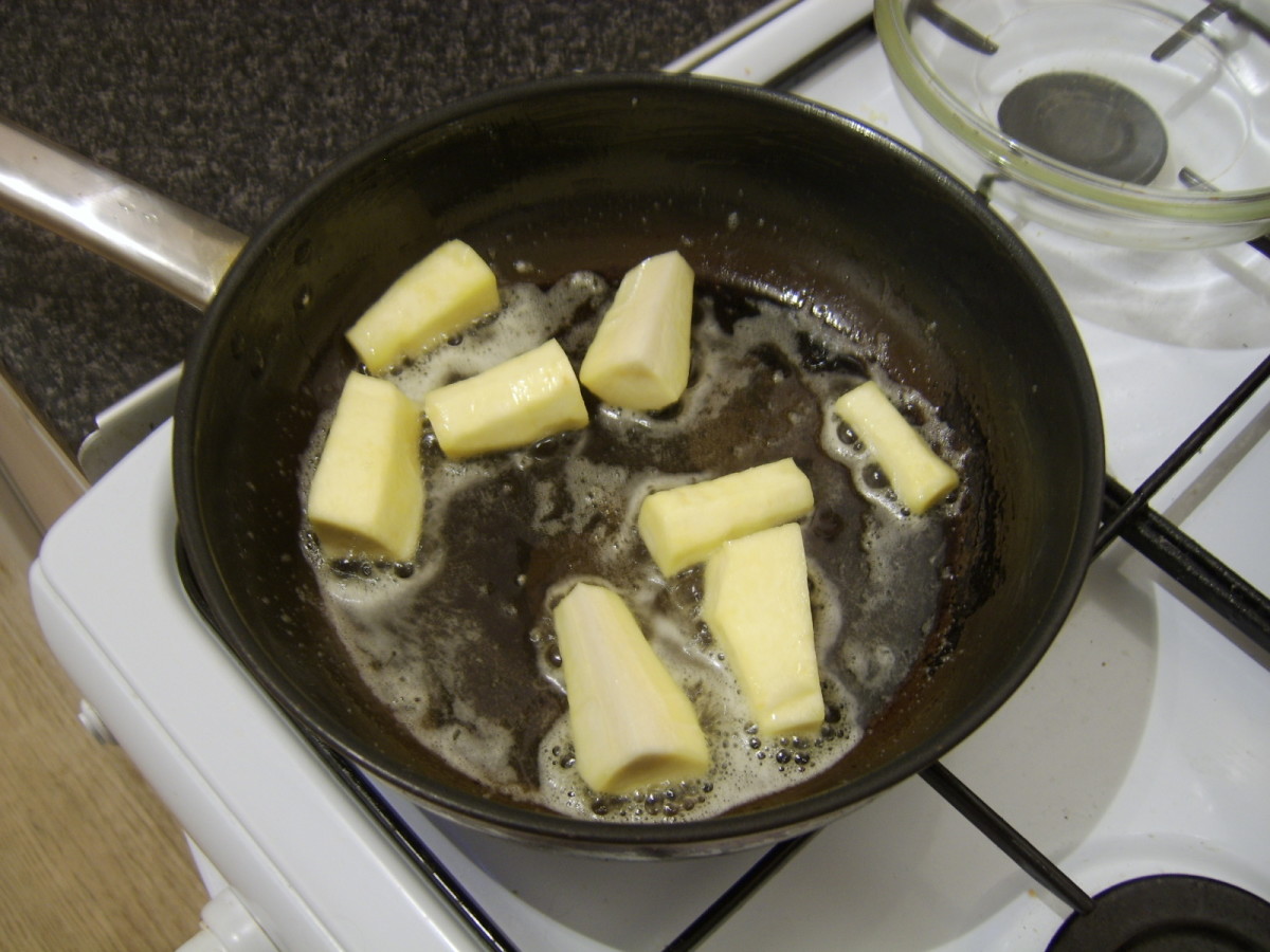 The chopped parsnip is firstly fried in butter until just softened