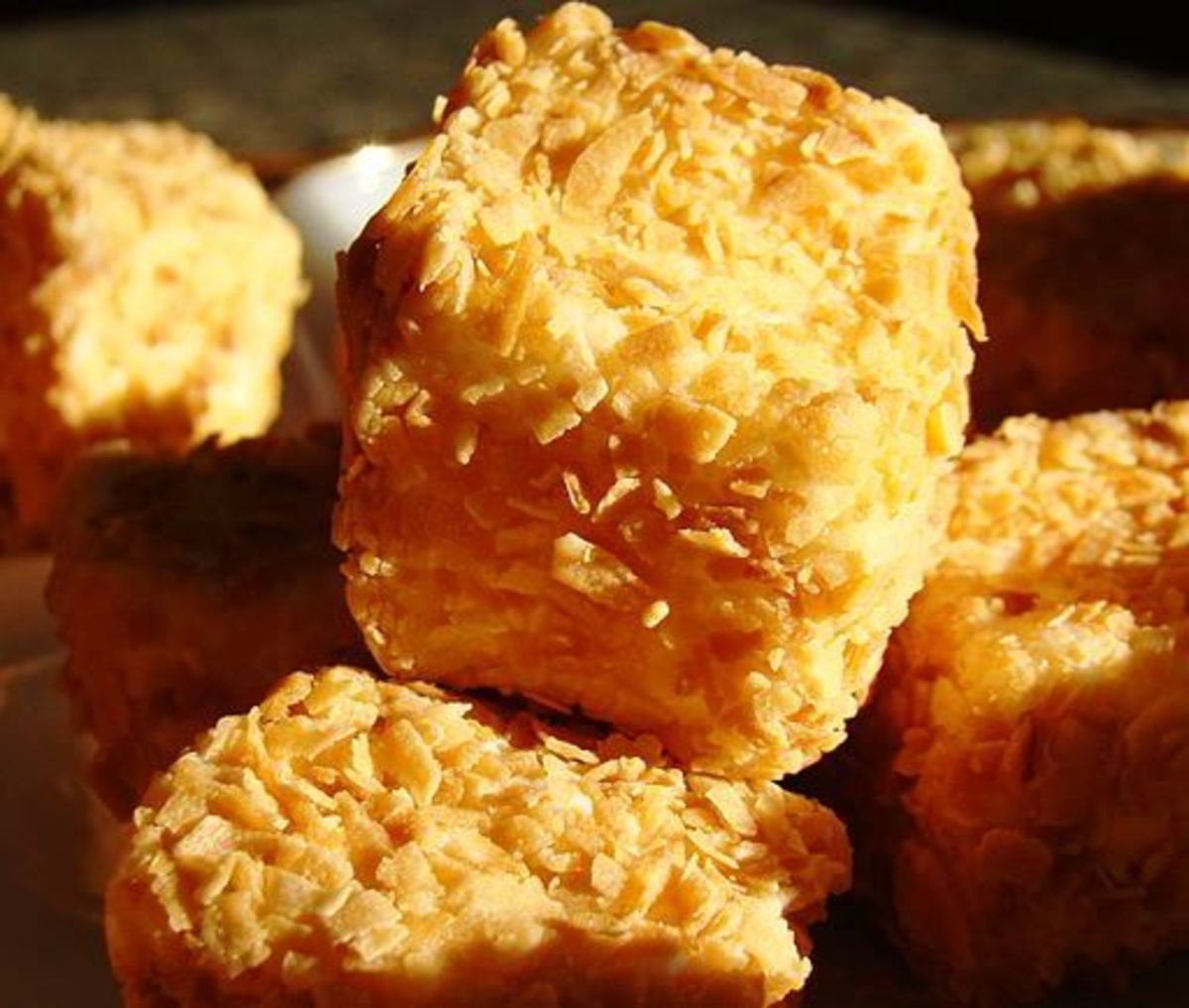 A favorite marshmallow treat: marshmallows coated with toasted coconut