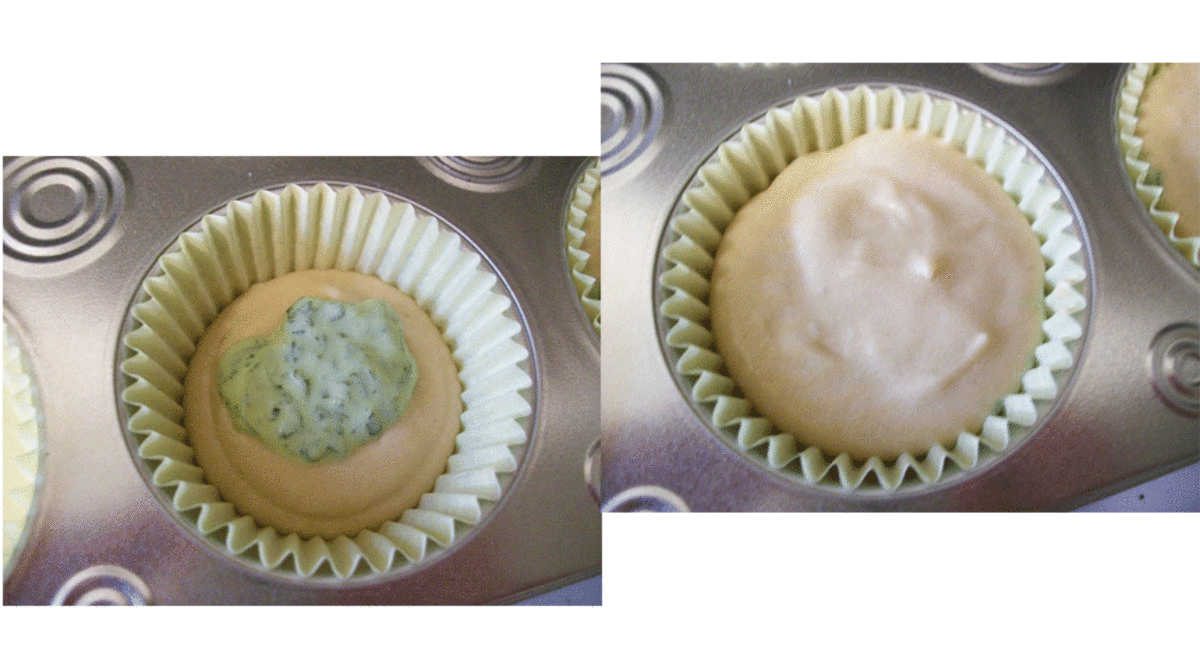 Line your cupcake pans with paper liners. Fill a cup with cupcake batter about half full. Add 1 tablespoon of the spinach mixture to it, then top with more cupcake batter. The cup should be about 2/3 full. Repeat with the rest of mixture and batter. 