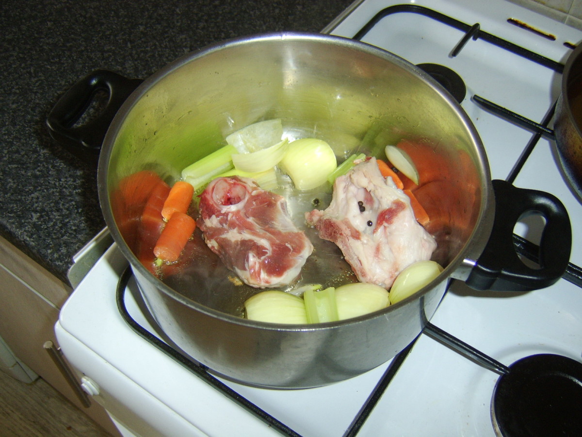 Lamb bones are added to sauteed vegetables