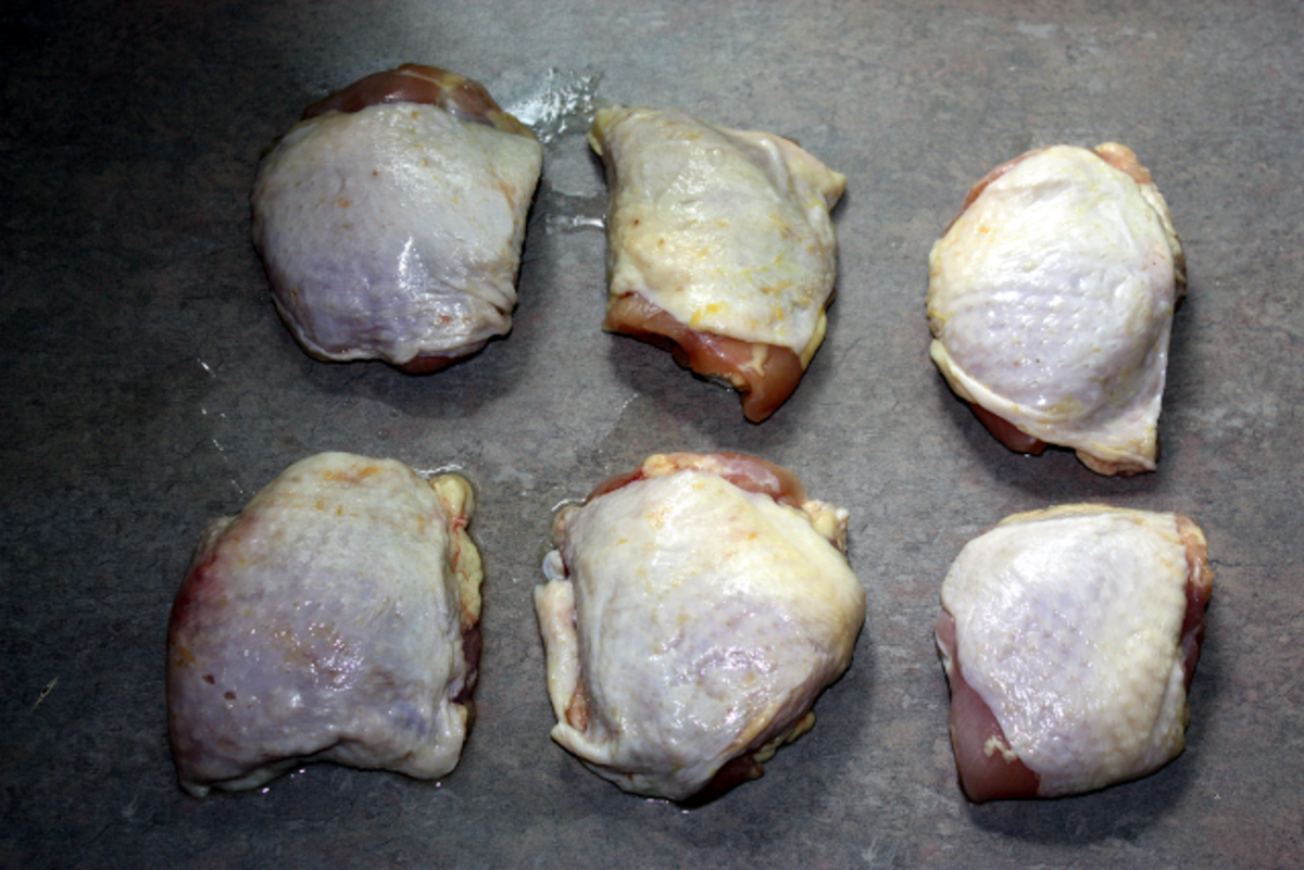 Fresh chicken thighs. Leave the bone in and the skin on while cooking. 