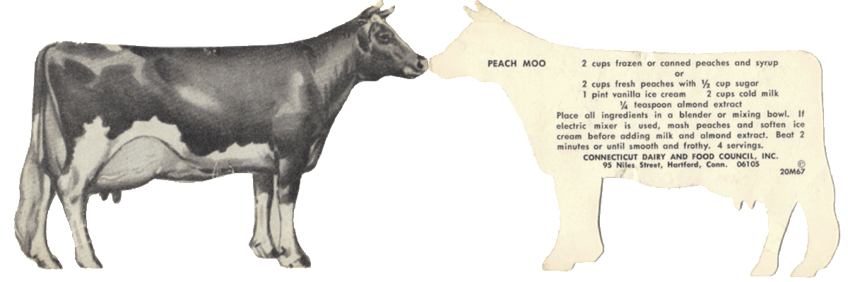 Front and back of cow-shaped recipe card, circa mid-1970s