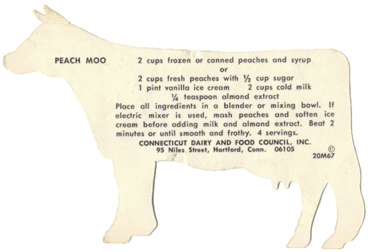 Peach Moo recipe. Card from the Connecticut Dairy and Food Council, Inc. 95 Niles Street, Hartford, Conn 06105