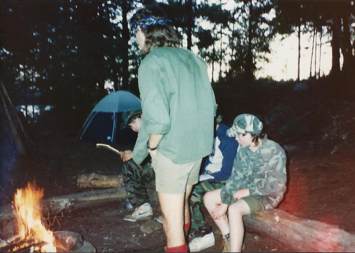 A typical campout with my Troop back when I was a Scout. I'm the one peering around to the far left. Yes, I know I am wearing tiger stripe pants with Nike sneakers—an early fashion faux pas. A typical campout with my Troop back when I was a Scout. I'm the one peering around to the far left. Yes, I know I am wearing tiger stripe pants with Nike sneakers—an early fashion faux pas.