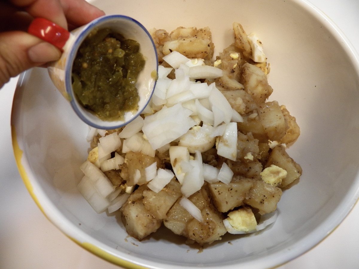 Step 2: Add chopped onion, sweet relish, and mayonnaise (regular or fat-free).