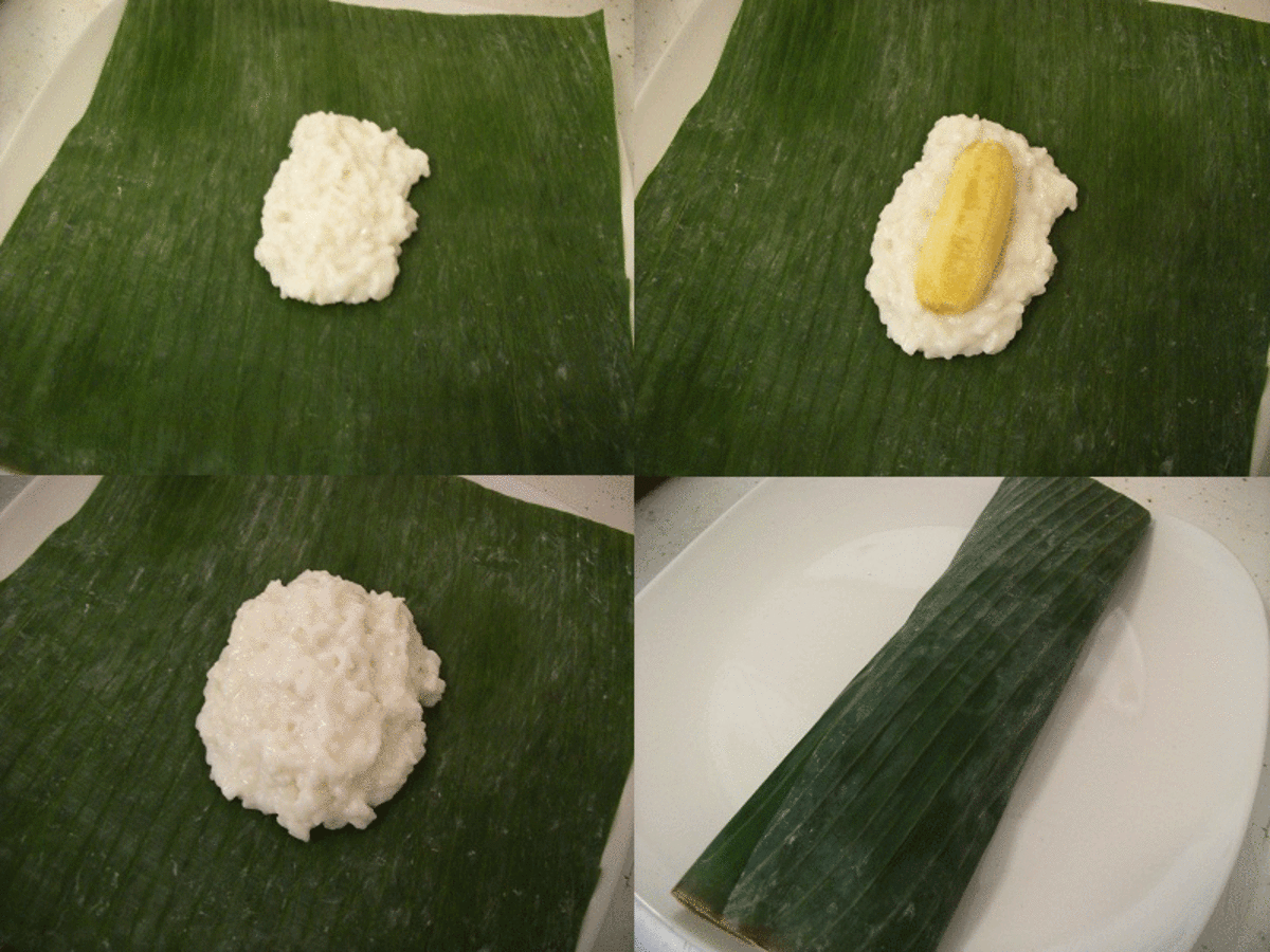 Wrapping Khao Tom Mud with Banana Leaf
