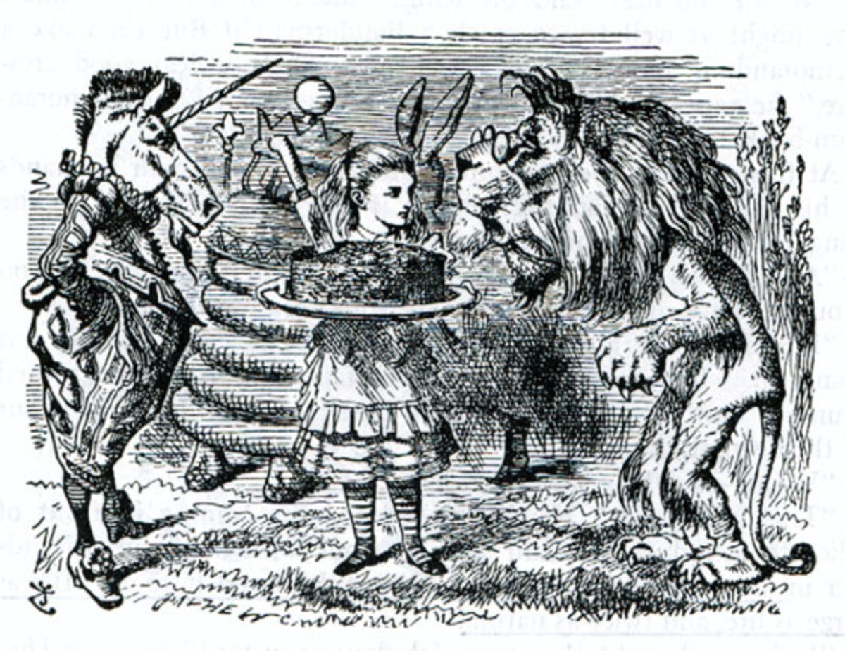 What Alice found - The lion and the Unicorn fighting over Alice's plumb cake