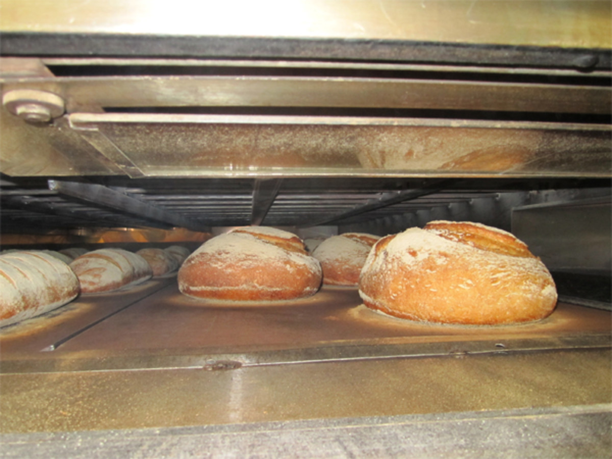 Boule loaves ready to come out of oven. 