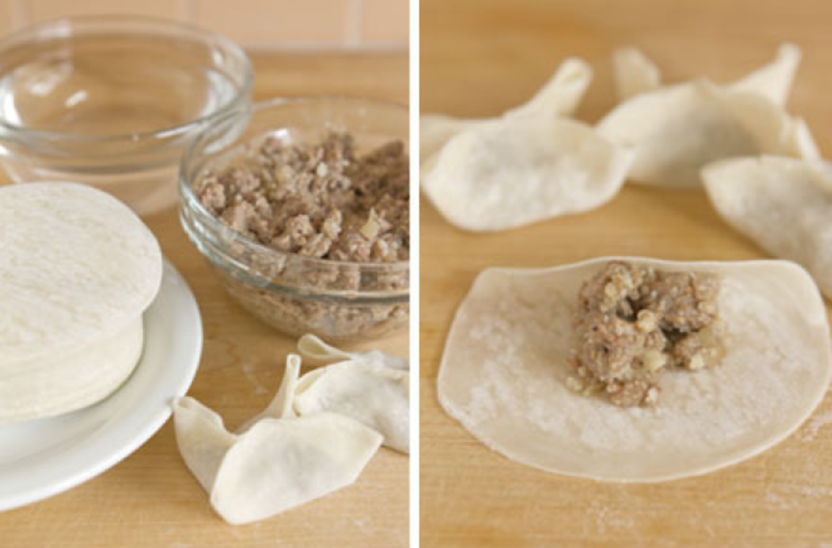 Place about 1 tablespoon of the meat mixture in each wrapper.