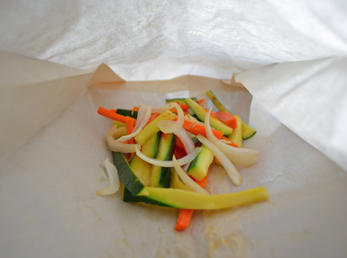 Veggies go in the bag first.