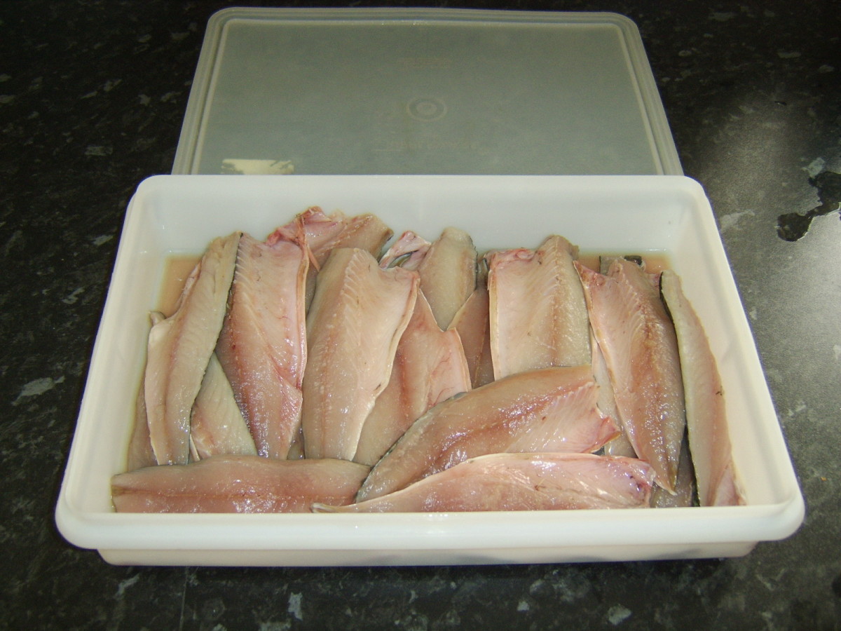 The mackerel fillets have been sliced off the main body of the fish but not in any way boned, in order to help them keep their shape during smoking