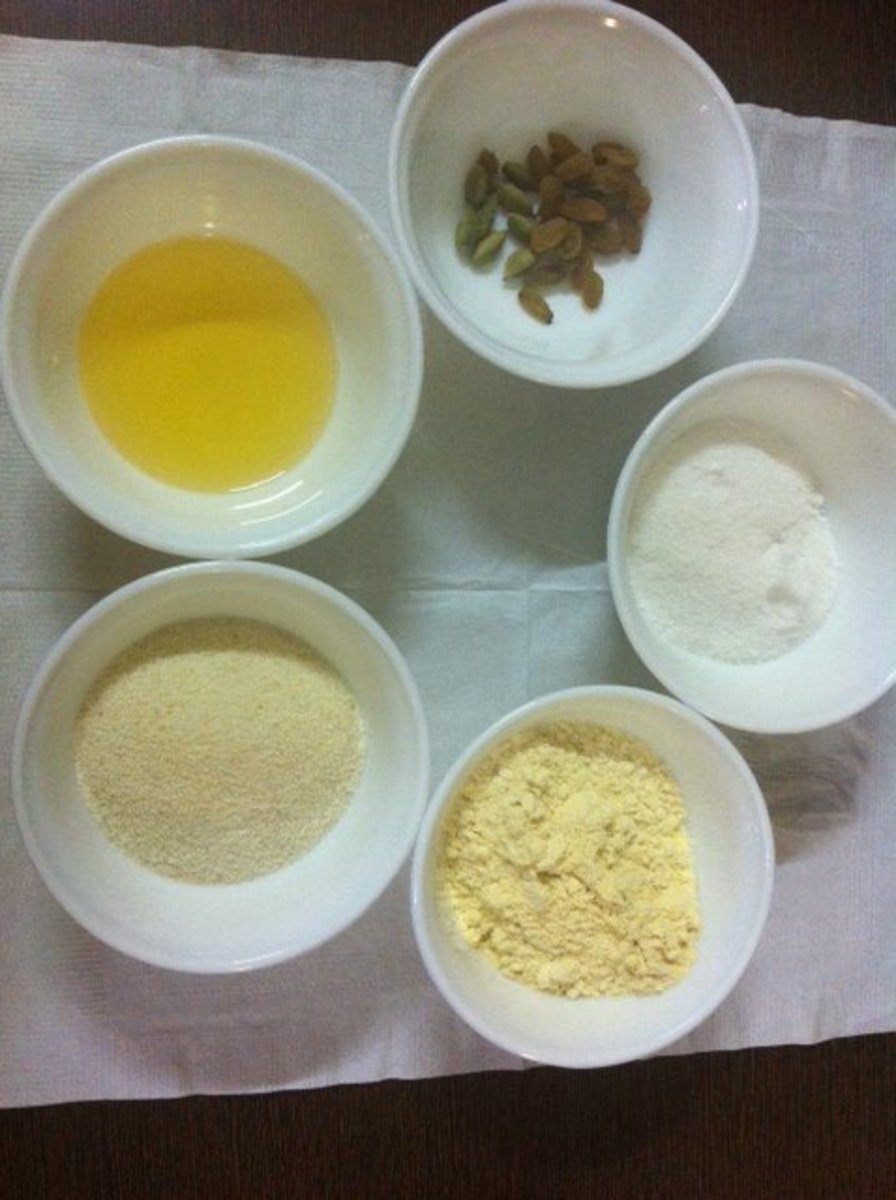Ingredients for besan suji laddoo: semolina, gram flour, powdered sugar, cooking oil or clarified butter, chopped nuts, and powdered green cardamom.