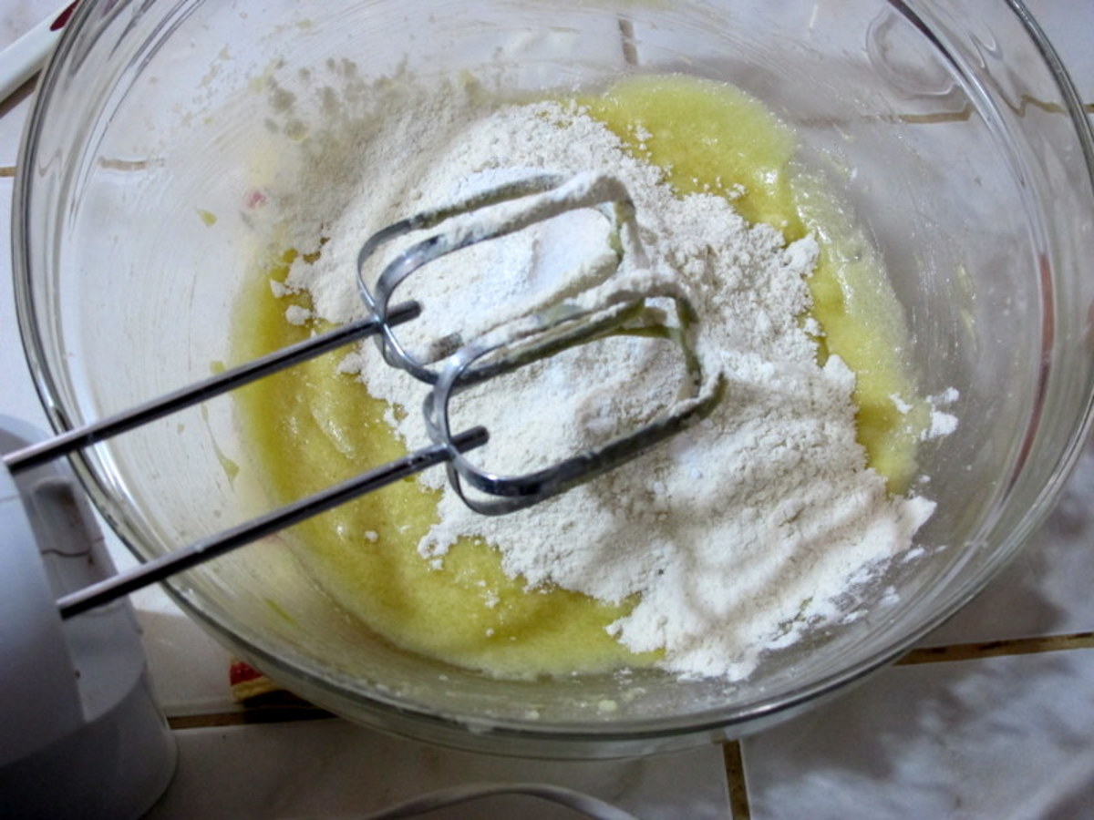 Cream the butter and sugar, then add eggs and dry ingredients and mix.