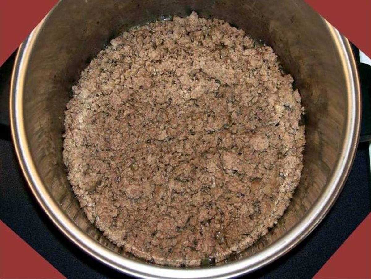 Brown 2 pounds of ground beef.