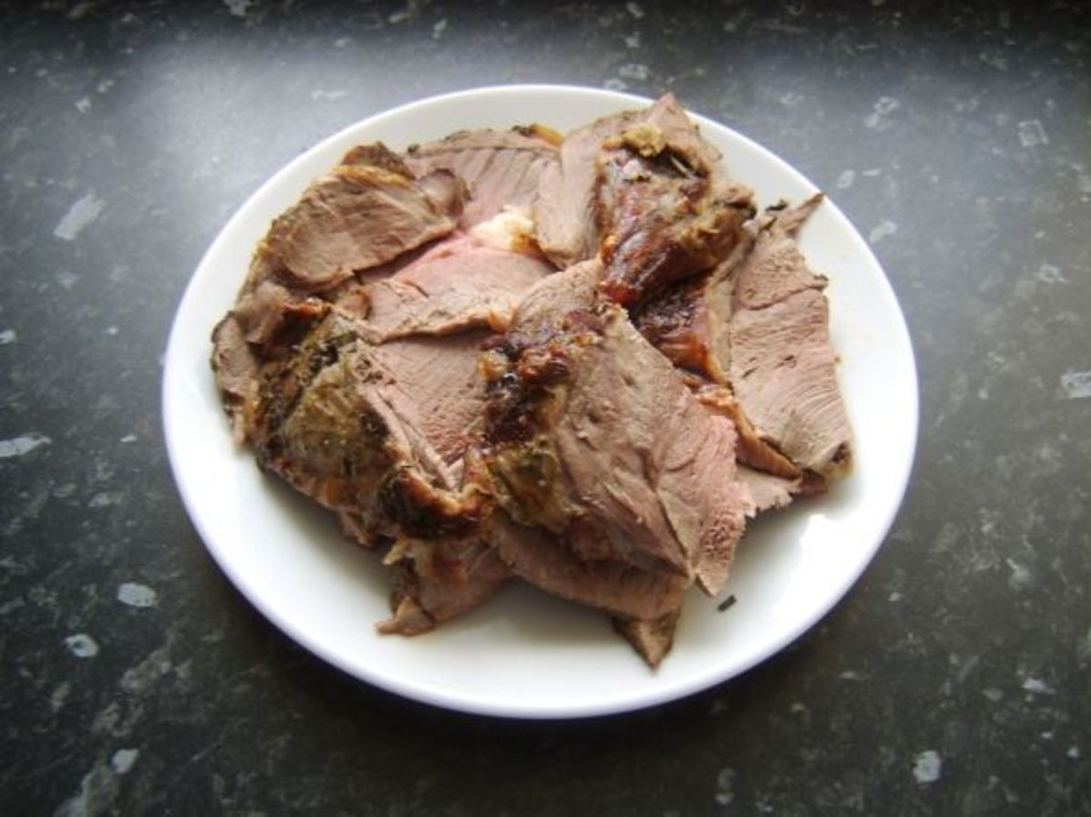 Meat carved from leg of lamb