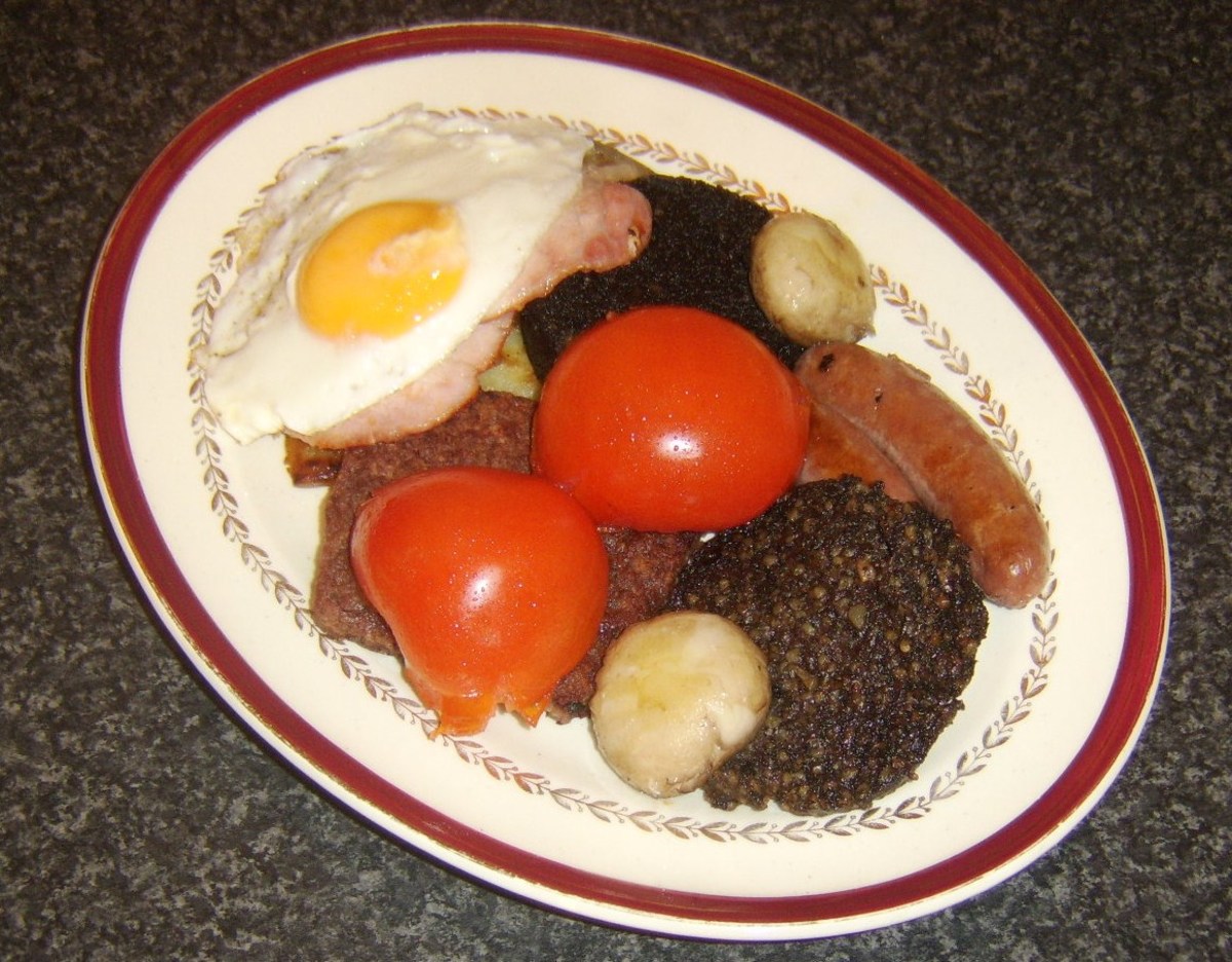 A mighty all day Scottish breakfast including haggis, black pudding, sausages, bacon, egg and more.