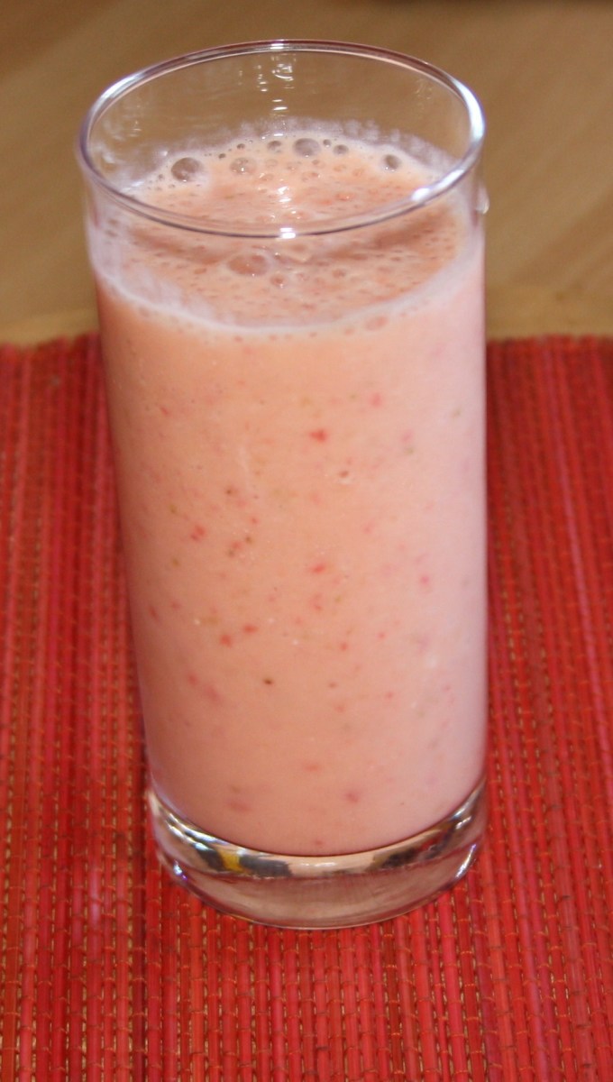 Ready to drink banana strawberry yogurt smoothie.
