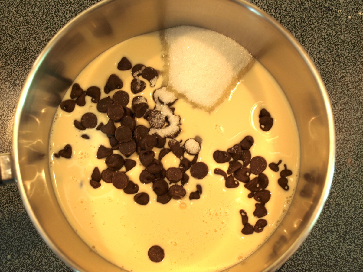 Step 1: Evaporated milk, chocolate chips, and sugar poured into the saucepan.