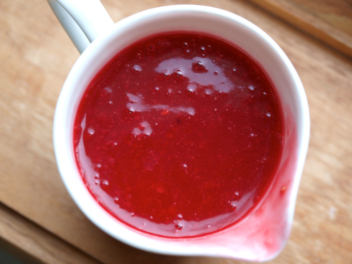 Raspberry Sauce ready for use.  This preparation results in a divinely intense flavor.  There is nothing quite like it.