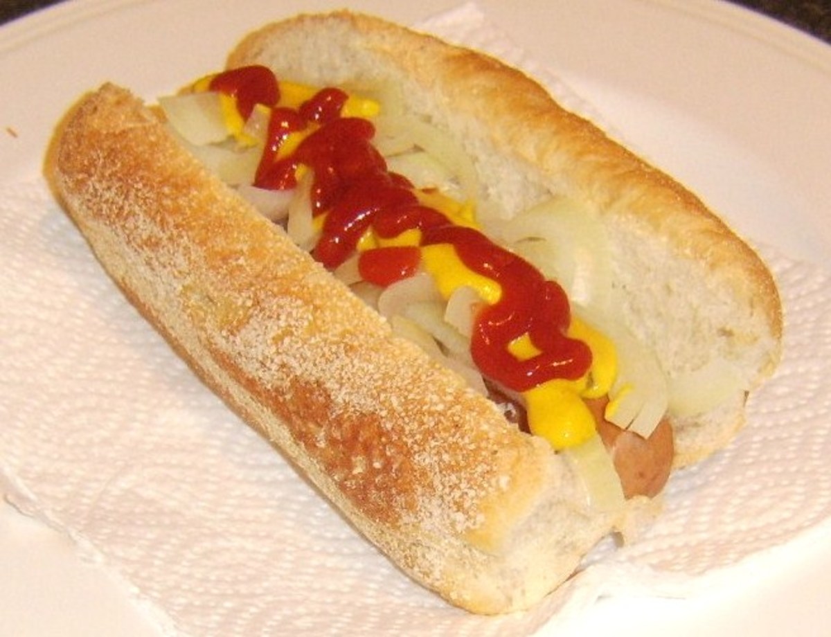 A plain hot dog with onions, ketchup and mustard