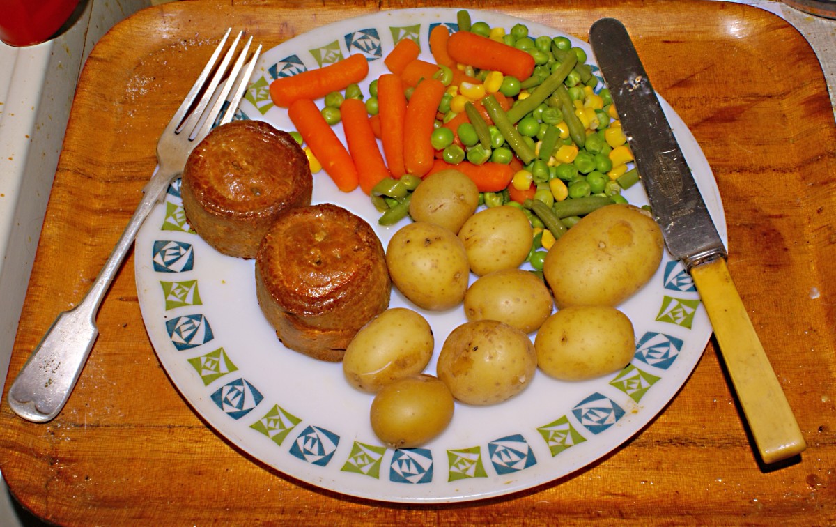 Peas with carrots, corn, potatoes, and Yorkshire pudding