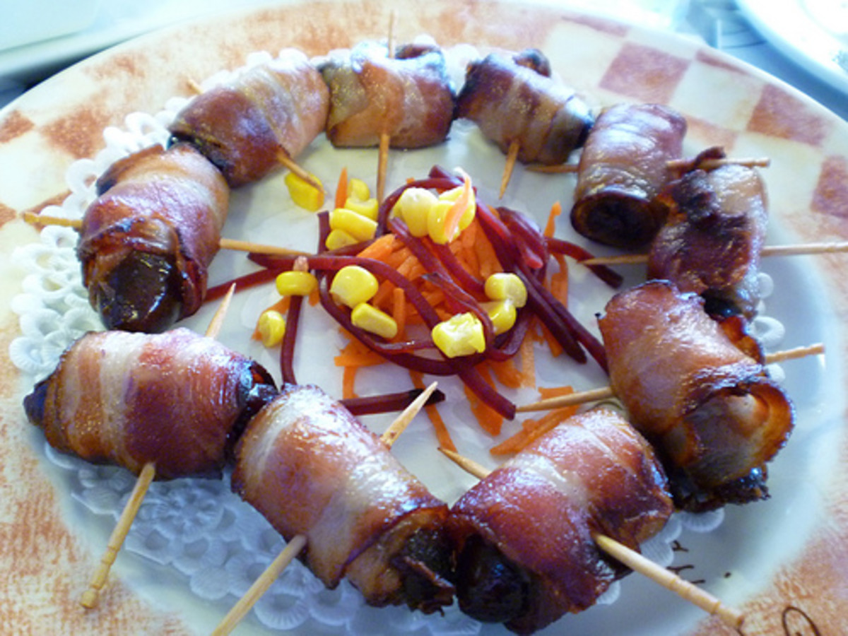 Devils on horseback- dates stuffed with cheese, wrapped in bacon