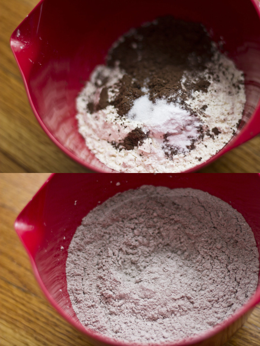 Mixing the dry ingredients: flour, baking soda, salt, and dark cocoa.