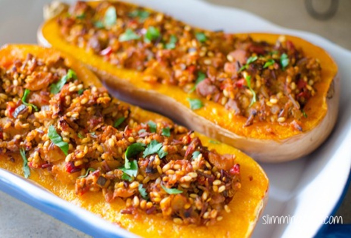 Slimming World Syn Free Butternut Squash stuffed with Spicy Chicken and Rice