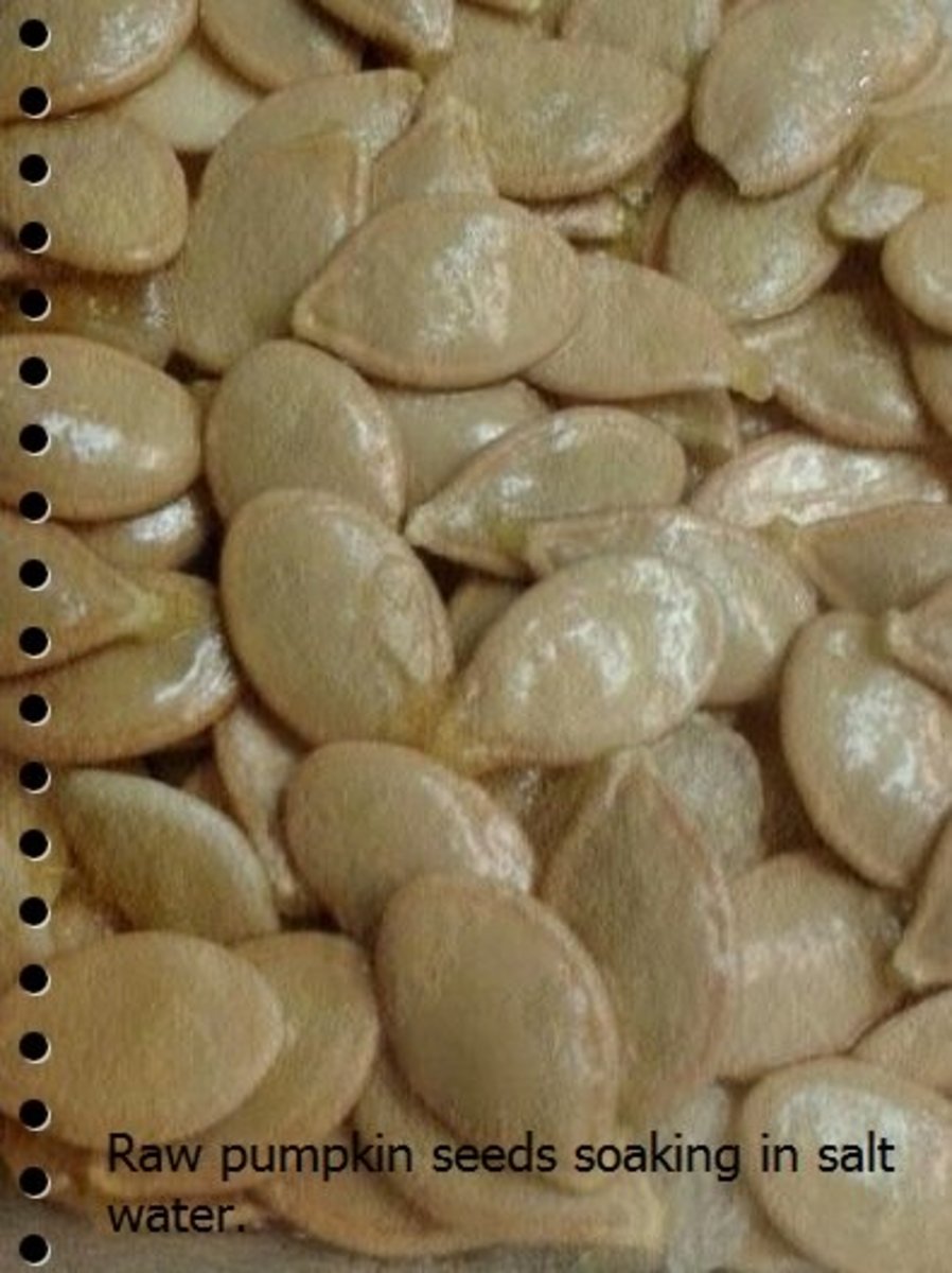 Close up of pumpkin seeds soaking in salt water.
