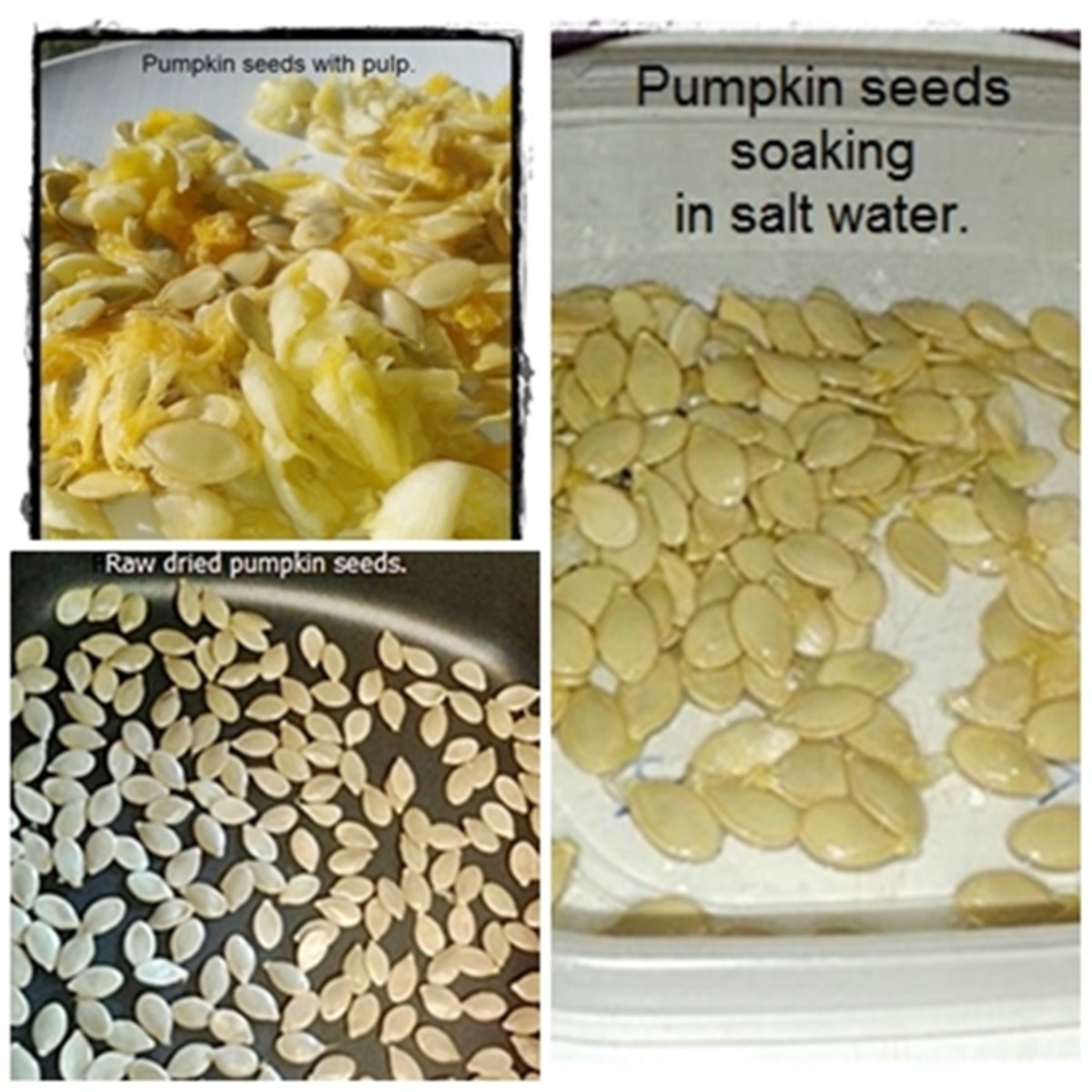 Top left: Pumpkin seeds with stringy membrane; Lower left: Dried raw pumpkin seeds; Right: Pumpkin seeds soaking in salt water.