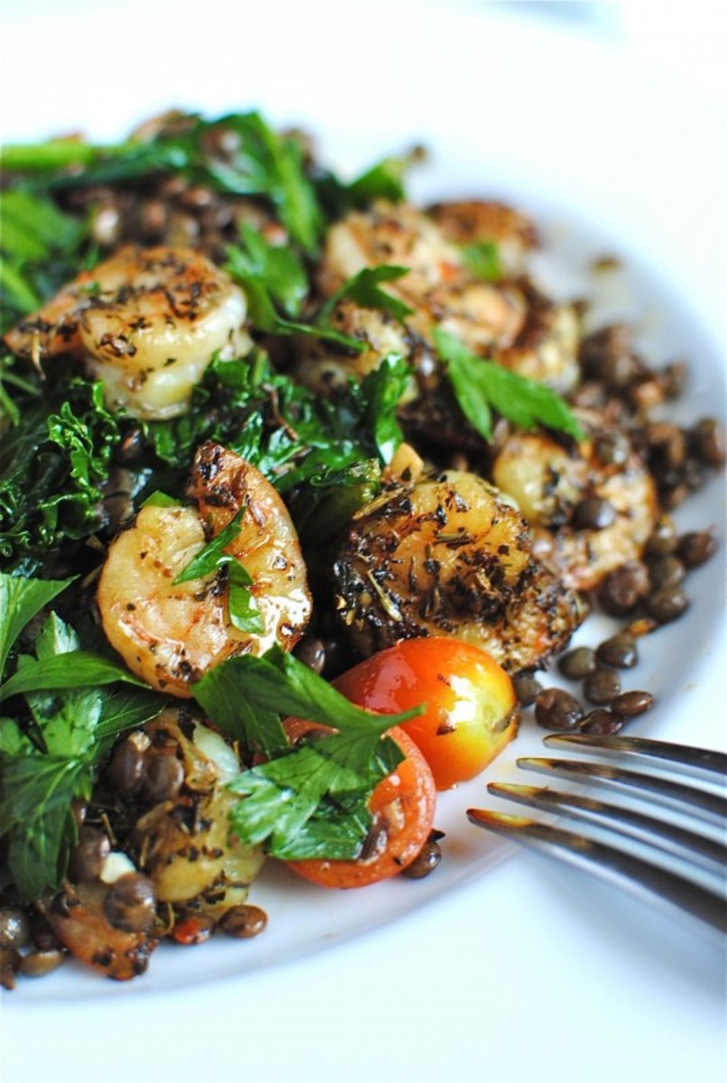 French lentils with kale and shrimp