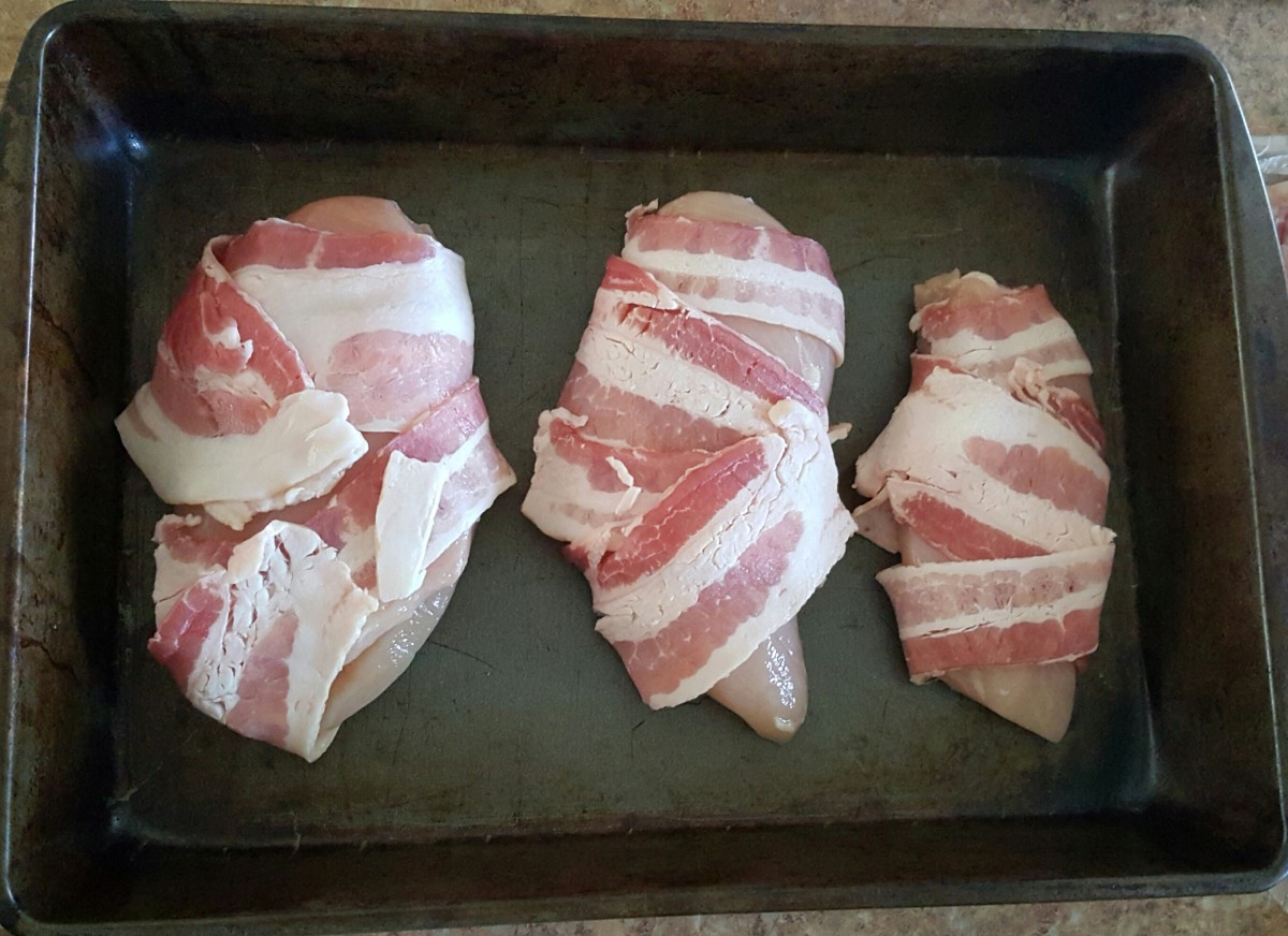 Chicken breasts wrapped in bacon.