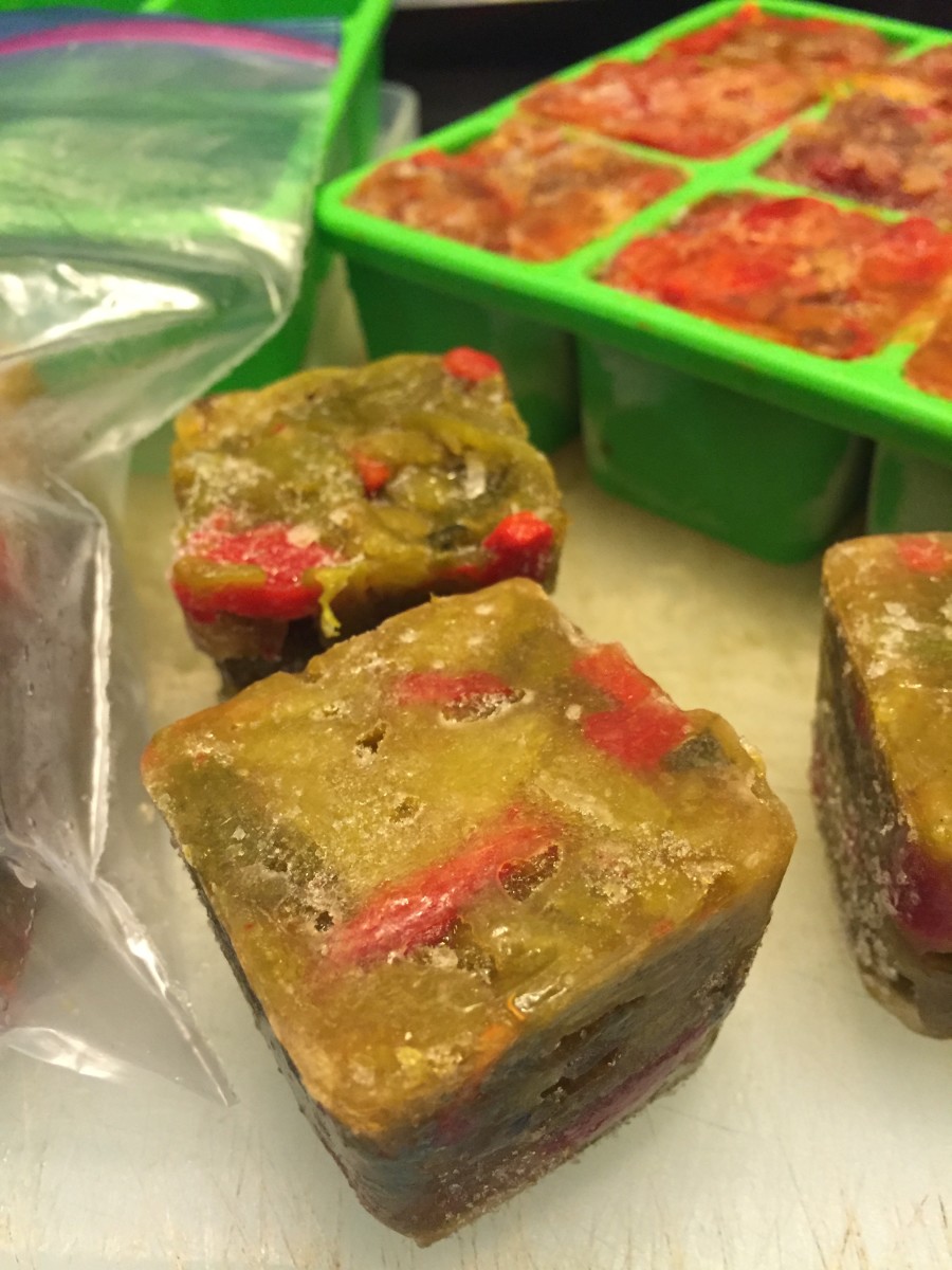 After pepper cubes are frozen, pop out of the containers and store in heavy ziplock bags.