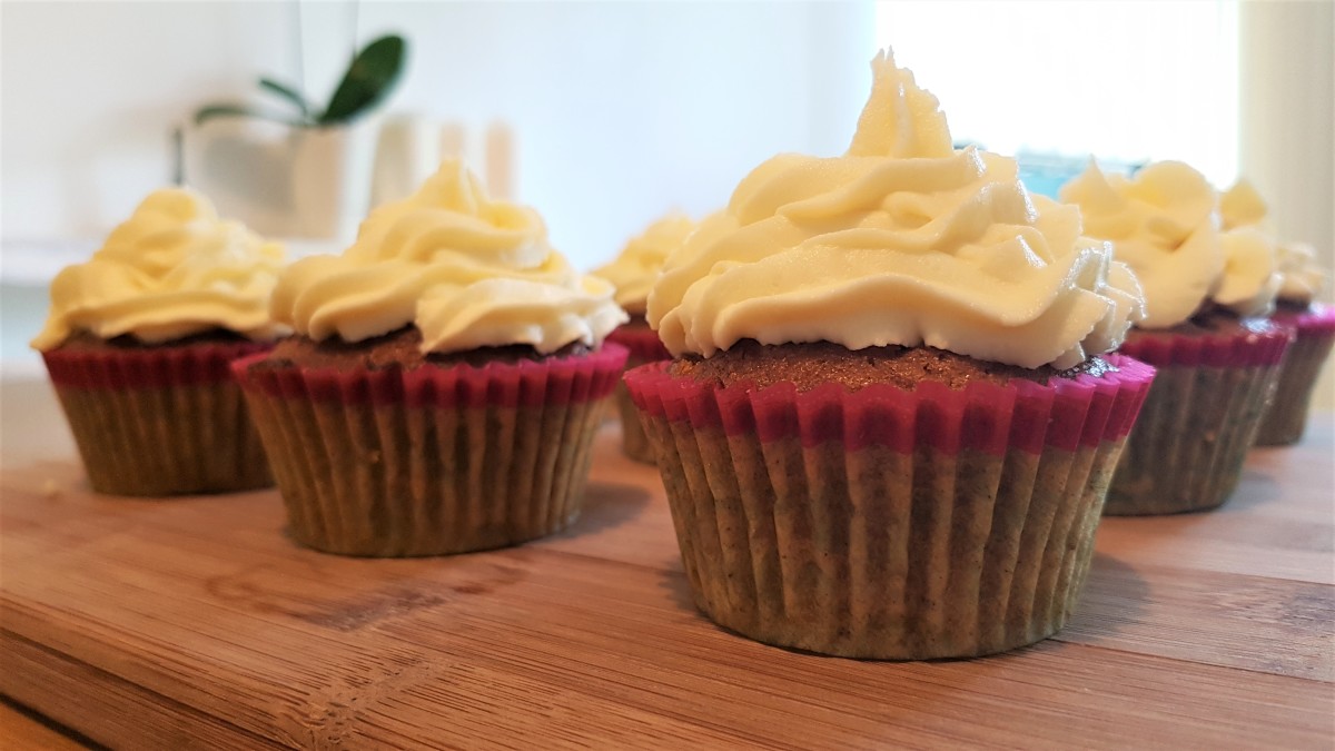 Carrot cake cupcakes with white chocolate buttercream frosting