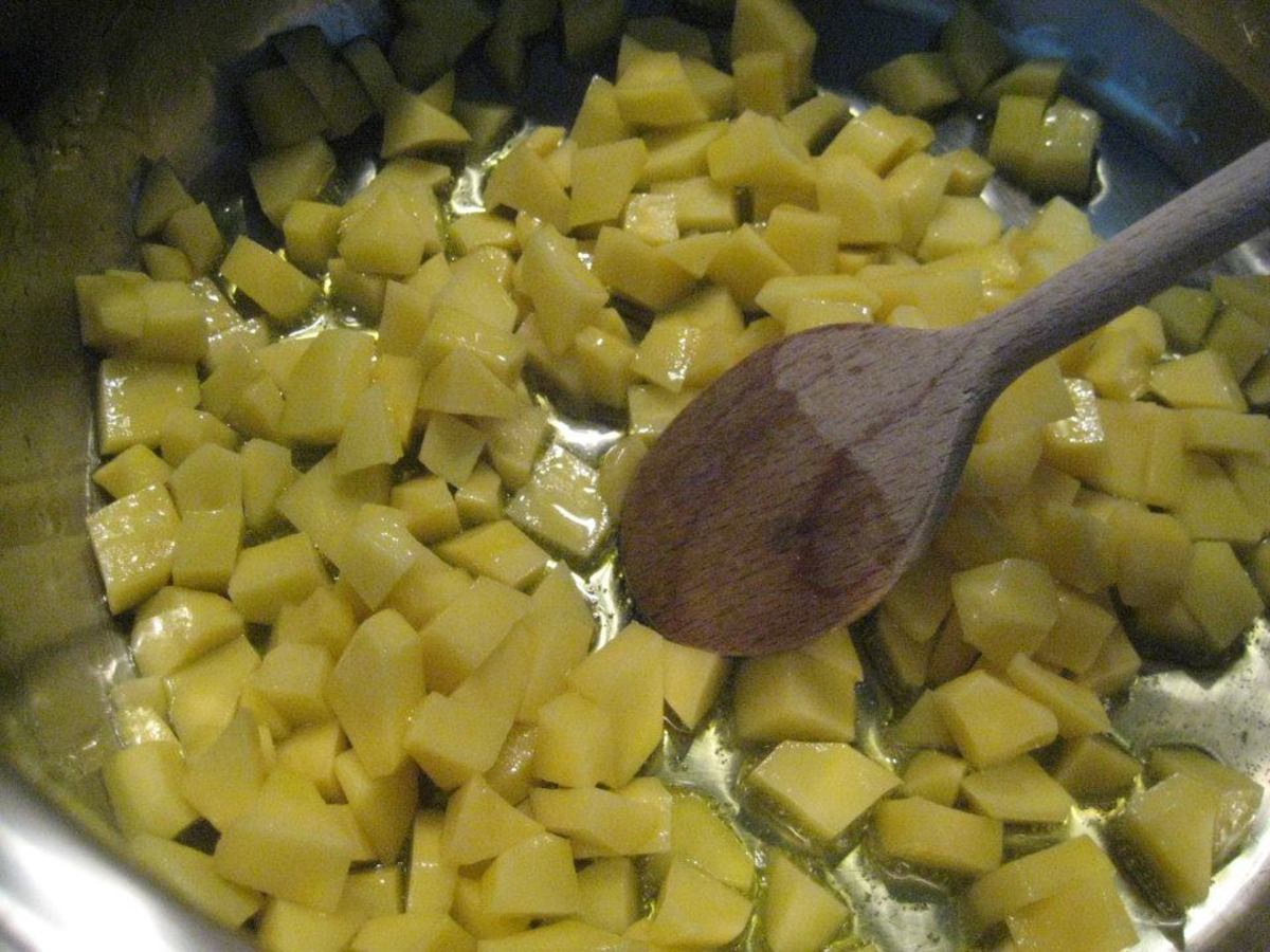 Potatoes frying for salad. 
