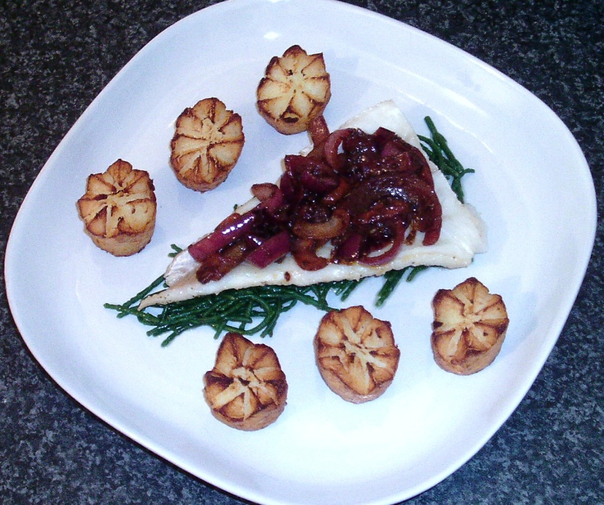 Cod is served on samphire bed with balsamic chutney and deep fried potato crowns