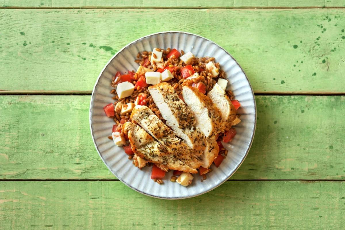Herby Pan-Seared Chicken with Farro, Tomatoes, and Fresh Mozzarella