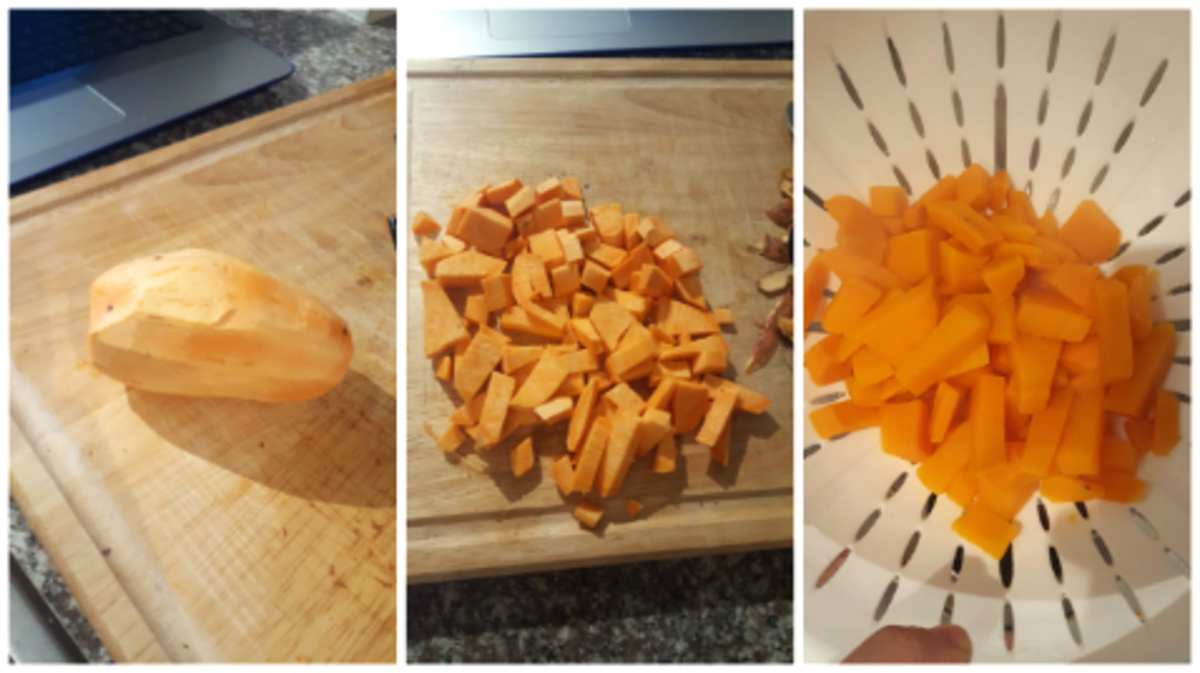 Peel, cut, and rinse the sweet potatoes.