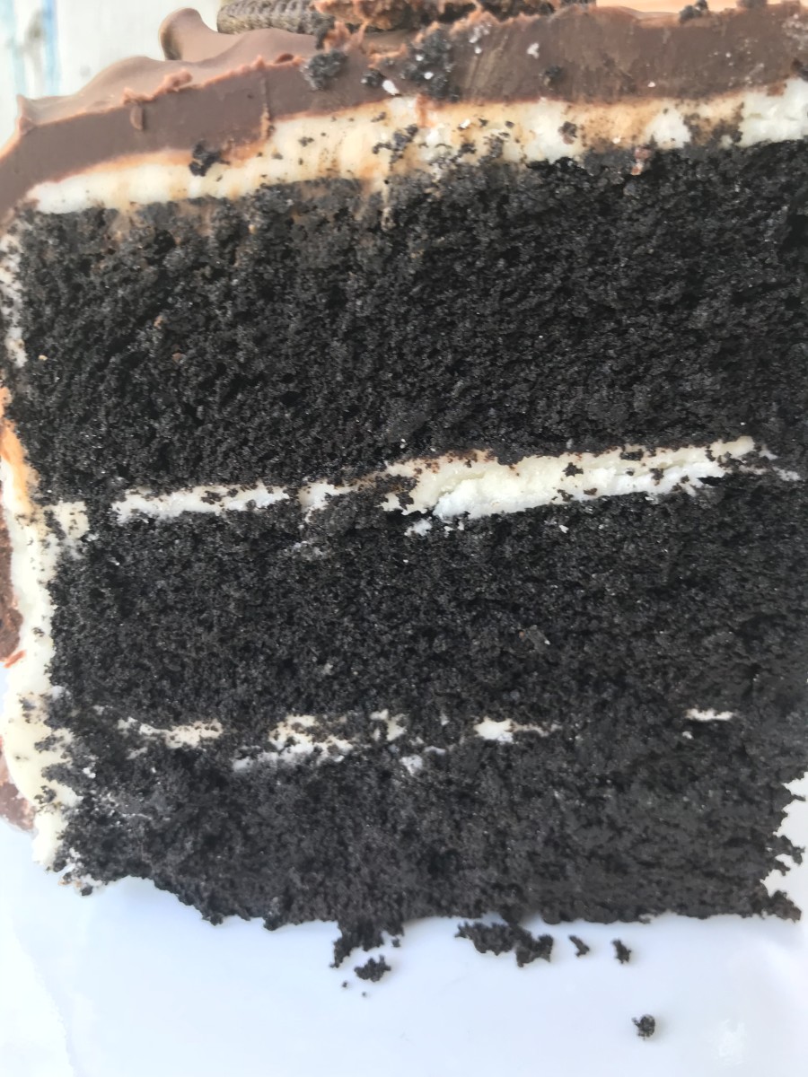 Black velvet cake is gorgeous dark chocolate, and here it's frosted with simple buttercream, and finished with dark chocolate ganache. You could also use an orange or purple frosting for more Halloween punch.