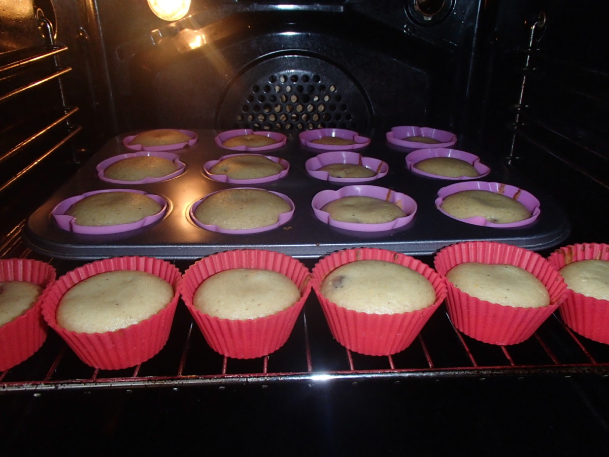 The batter in the muffin cups, just starting to bake