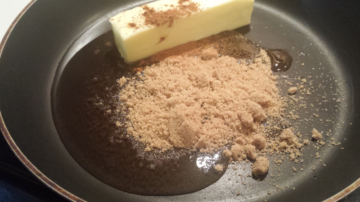 Heating the brown sugar, butter, cinnamon, and honey.