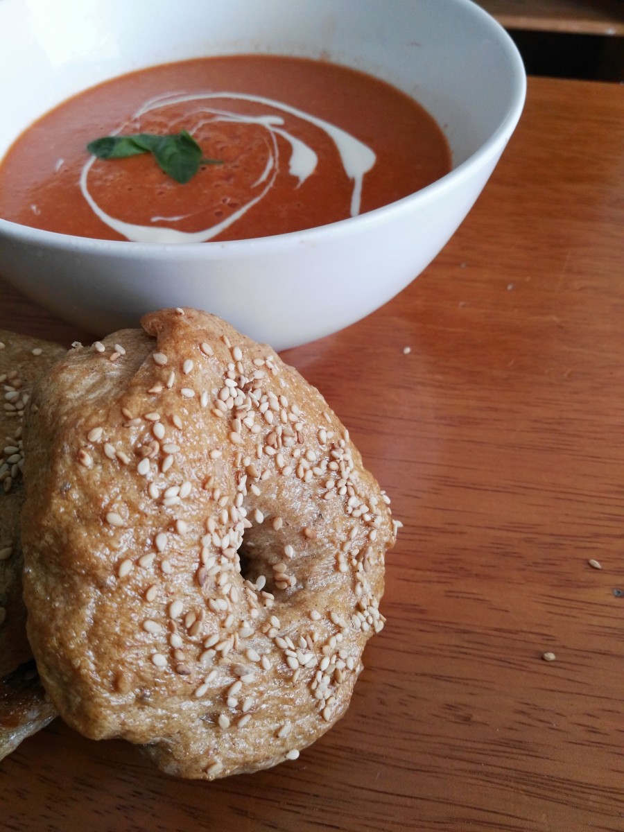 Tomato soup tastes great with fresh, homemade bagels.