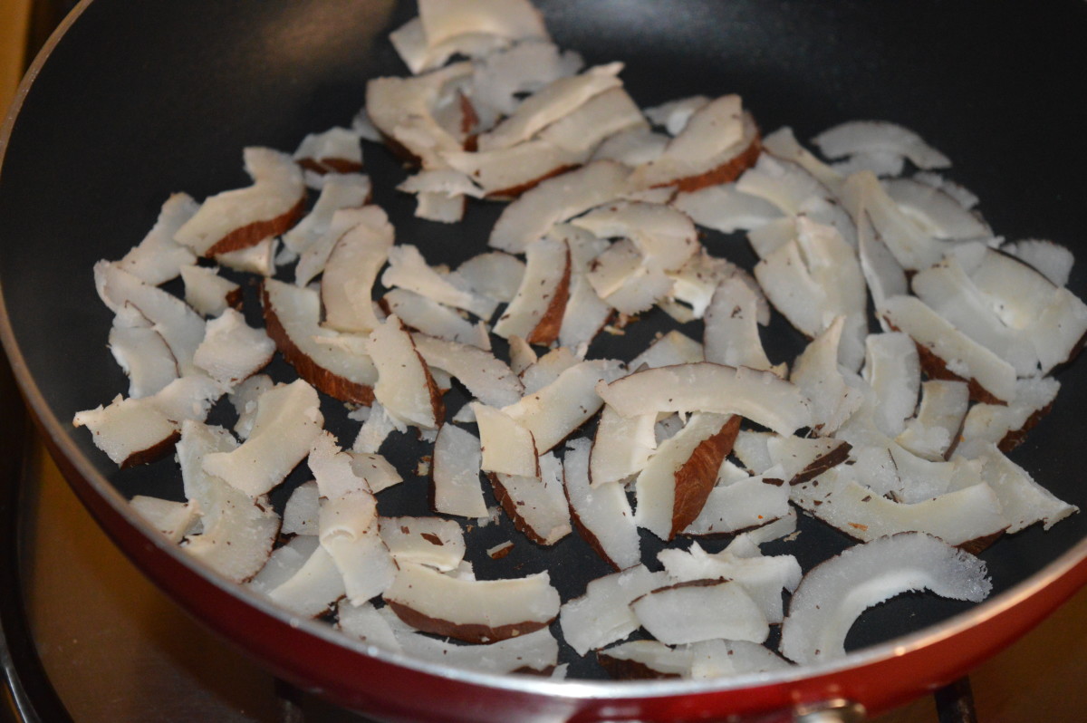 Step 3: In the same pan, dry saute dry coconut slices till they become crispier. Add it to the bowl.