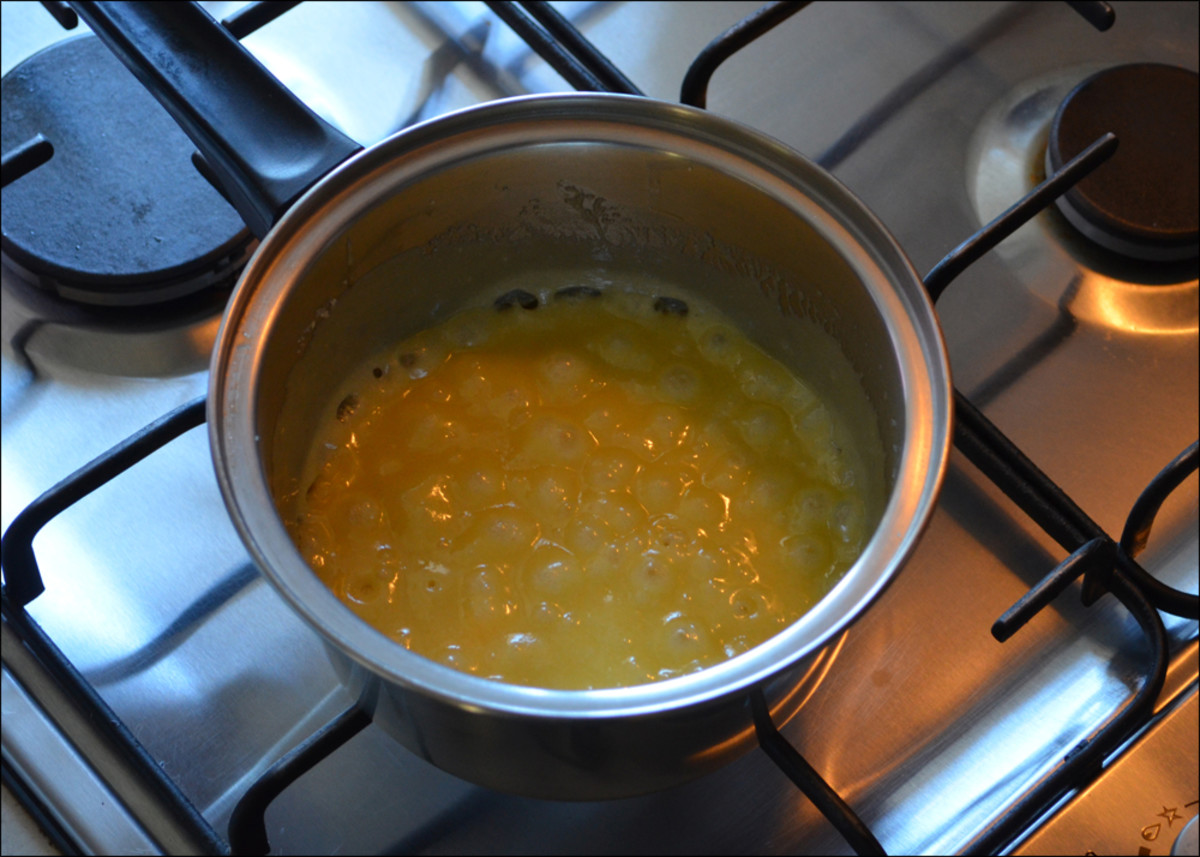 Honey Joy ingredients frothing in saucepan.