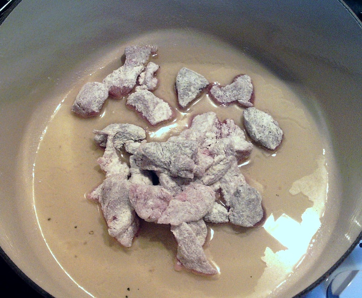 Wild game is dredged in seasoned flour and sealed in hot oil in batches